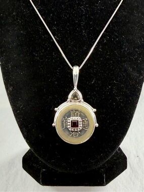 SAJEN Sterling Silver Bronze Chinese Coin Garnet Smoky Quartz Pendant Necklace